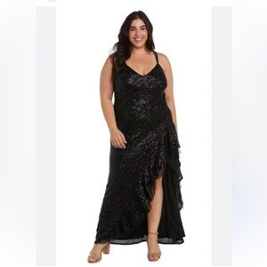 Morgan & Co black sequins long formal gown prom dressy size 16W ruffle slit